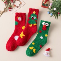 Nouvelles chaussettes d'hiver mi-mollet en polaire corail, épaisses, thermiques, sans couture, en polyester jacquard, motif dessin animé de Noël, pour femme, pour la maison