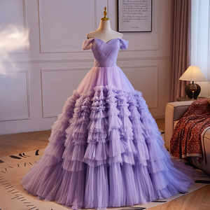 Purple Off The Shoulder Ball Gown Empire Waist Tulle Layered Evening Dress For Wedding Party Princess Style - Product Image 1