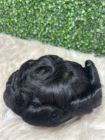 Rambut Asli India 100% Remy, Gelombang Alami Lembut, French Lace, Kepadatan Sedang, HD Toupee Topper Pria