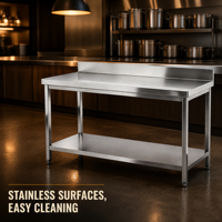 Table de travail commerciale en acier inoxydable avec dossier, finition brossée mate, modulaire, extensible, pieds réglables en hauteur, pour cuisine