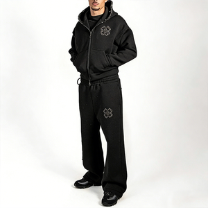 Ensemble de survêtement décontracté pour <span class=keywords><strong>homme</strong></span> avec broderie de logo personnalisé, sweat à capuche noir 100 % coton coupe ample et pantalon de jogging zippé intégral – Fabricant - Product Image 1