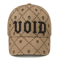 Gorra de Béisbol de Alta Calidad con Efecto Maillard de 6 Paneles, Estampado de Calaveras y Cuadros, Bordado Estilo Perla Negra