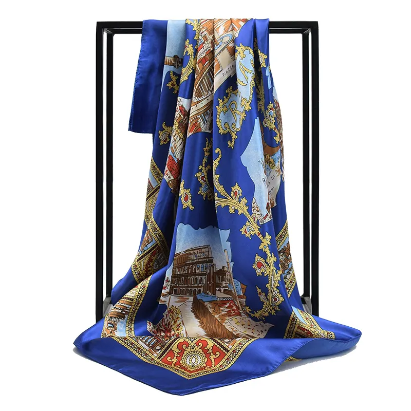 المرأة وشاح الحرير شال الأزياء طباعة الأزرق الفولار وشاح كبير الحجم 90*90 سنتيمتر مربع رئيس الأوشحة المنديل