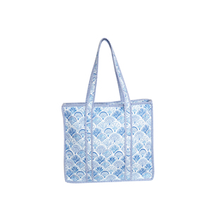 Bohemian Style Handmade Eco-Friendly 100% Cotton Quilted Reversible Tote <b>Bag</b> Zipper Closure Panelled Blue White Summer All - Product Image 3