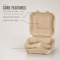Boîte alimentaire à charnière en bagasse de canne à sucre compostable et écologique, 30 oz, résistante à l'eau et à l'huile, micro-ondable, pour plats à emporter
