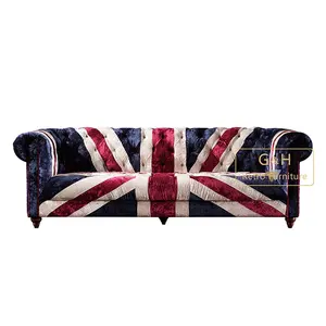 Диван из голубой бархатной ткани Union Jack GH105