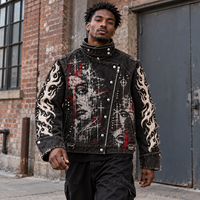 Blouson Biker Gothique Personnalisé pour Homme, Noir Délavé, Imprimé Graphique Vieilli, Brodé, Clouté, Streetwear, Vente en Gros B2B, Marque Privée