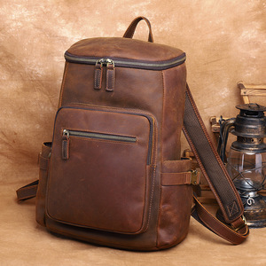 Crazy Horse Leather <b>Backpack</b> 20L Light <b>Brown</b> Unisex Travel Bag Fashionable Solid Color Outdoor Leisure - Product Image 4