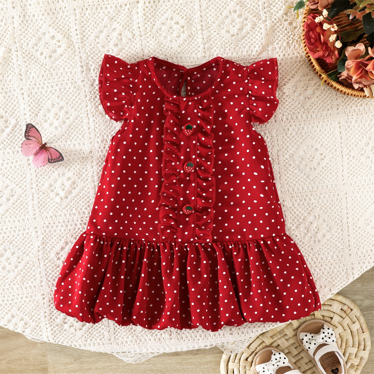 strapless open back dress Berylove Women Black Red Polka Dot Dress Ruffled A Line Lapel Neck Ruffle Sleeve Midi Work Dress, Black Red Dot / US6 main image 0
