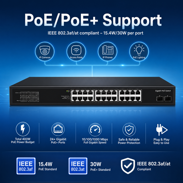 5 Years Warranty 24port Poe Switch 10/100/1000mbps with 2*1.25G SFP Port for Hikvision Dahua Cameras