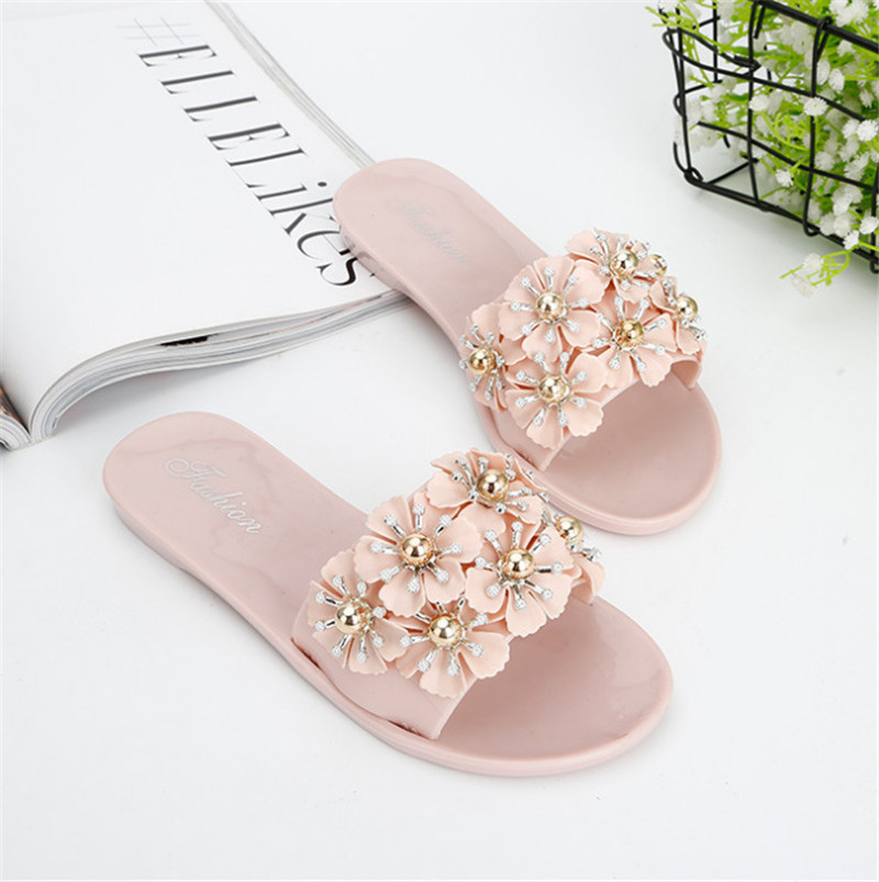 New Flower Pearl Slippers Women Anti-slip PVC Sandals Slipper Beach Slides Custom Logo