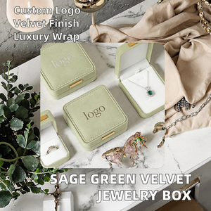Boîte à bijoux de luxe en velours vert sauge avec design gaufré et coins arrondis, vente en gros, logo personnalisé, directement de l'usine - Product Image 1