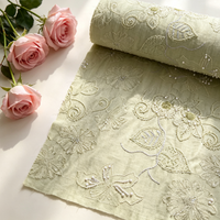 Kain Linen Katun Hijau Muda dengan Bordir Bunga Mutiara & Payet Perak untuk Gaun Pengantin, Gaun Pengiring Pengantin