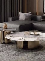 Ensemble de tables basses minimalistes haut de gamme avec structure métallique pour les petits espaces d'entrée, en quartz Pandora, d'inspiration italienne, luxe léger