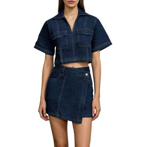 Channel 2-teiliges Set: V-Ausschnitt Kurzarm Crop Top Pullover mit Hochgeschnittener Jeansrock-Hose, Passende Denim-Outfits für Damen 2026 - Product Image 2