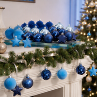 Set Bola Natal Biru 42 Buah Perlengkapan Hiasan Pohon Natal Bola Gantung Metalik Berlapis Es untuk Dekorasi Liburan