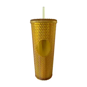 Wholesale 24oz Multicolor Diamond Studded Water Bottle Tumbler Eco Plastic Drink Cup With Straw And Lid