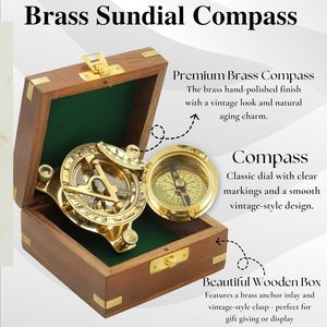 Boussole solaire en laiton ALFA NAUTICAL avec boîte en bois, instrument de navigation portable de style nautique de 3 pouces pour la randonnée et les voyages - Product Image 3