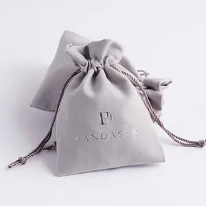 Pandasew bolsa de camurça para presente, logotipo personalizado, cinza, bolsa de camurça, veludo, cordão, joias