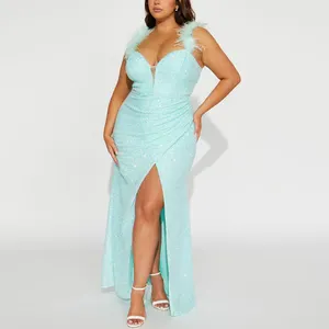 Grande taille robes de soirée pour femme Sexy menthe Sequin plumes d'autruche garniture bretelles spaghetti tulipe ourlet Maxi robe mode féminine