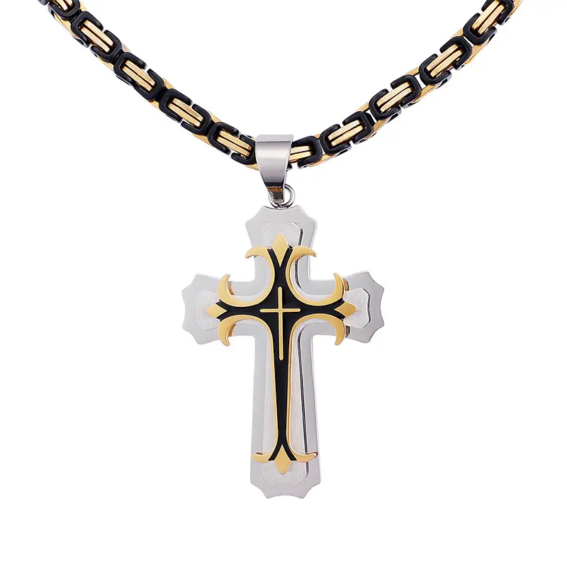 XISHUO Byzantine Chain Cross Pendant Men Charms Stainless Steel Jewelry Necklace