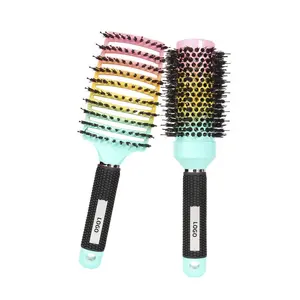 2 Pcs Rainbow Gradient Color Boar Bristles Vented Round Hair Brush Nano Technology Ceramic Ionic Detangling Hair Brush Set