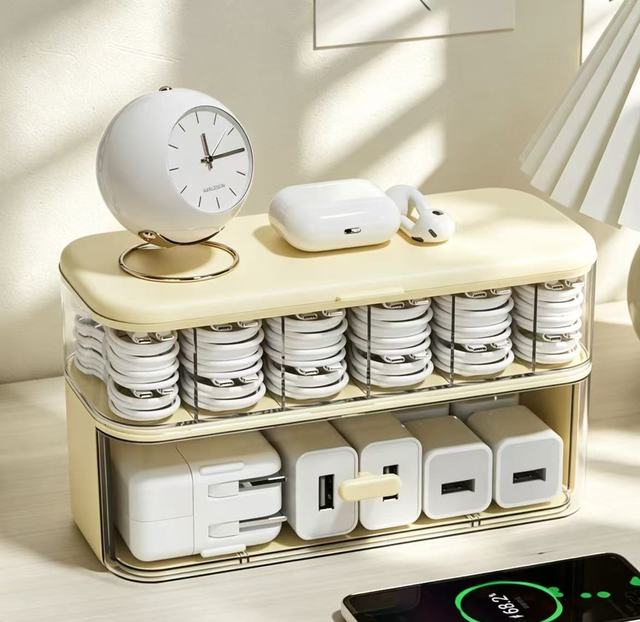 Value Pick Lidded Desktop Cable Storage Box Multi-Grid Plastic Wire Organizer for Charging Cables Adapters Home Office Container