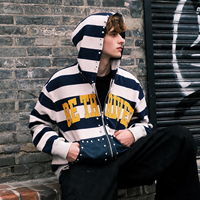 Sudadera con capucha y cremallera a rayas con logo personalizado para hombre, estilo oversize, bordado de chenilla, con tachuelas, estilo streetwear, fabricante mayorista