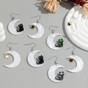 Moda komik karikatür yavru yıldız ay kolye küpe asimetrik cadılar bayramı iskelet siyah kedi akrilik damla küpe - Product Image 2