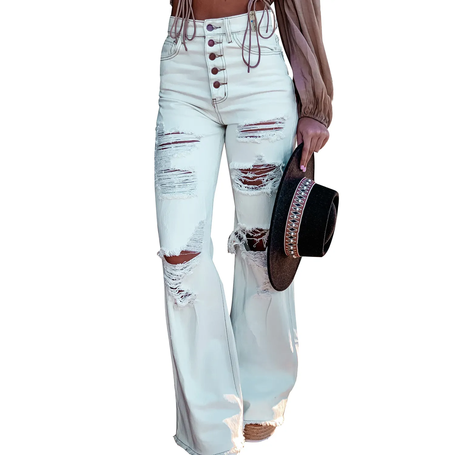 Fashion Flare Jeans Female Distressed High Waist Denim Pants White Ripped Jeans for Women