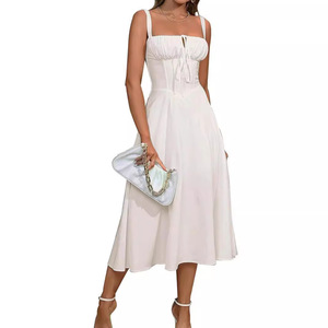Vestidos de <span class=keywords><strong>mujer</strong></span> de longitud media informales americanos europeos, vestido de estilo bohemio con abertura elegante, ropa de verano con lazo en la espalda - Product Image 4