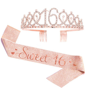 Ensemble couronne et écharpe pour 50e anniversaire, tiare en strass or rose avec écharpe scintillante pour femmes, accessoires de fête - Product Image 5