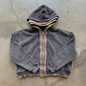 Áo hoodie cotton 100% màu trơn cổ điển mới Áo hoodie nam kiểu dáng đường phố ngoại cỡ rửa axit trống ba lớp khóa kéo hình hộp - Product Image 1