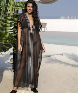 Robe Maxi en mousseline de soie noir pour femme, vêtement à manches courtes, jupe longue d'été et de plage