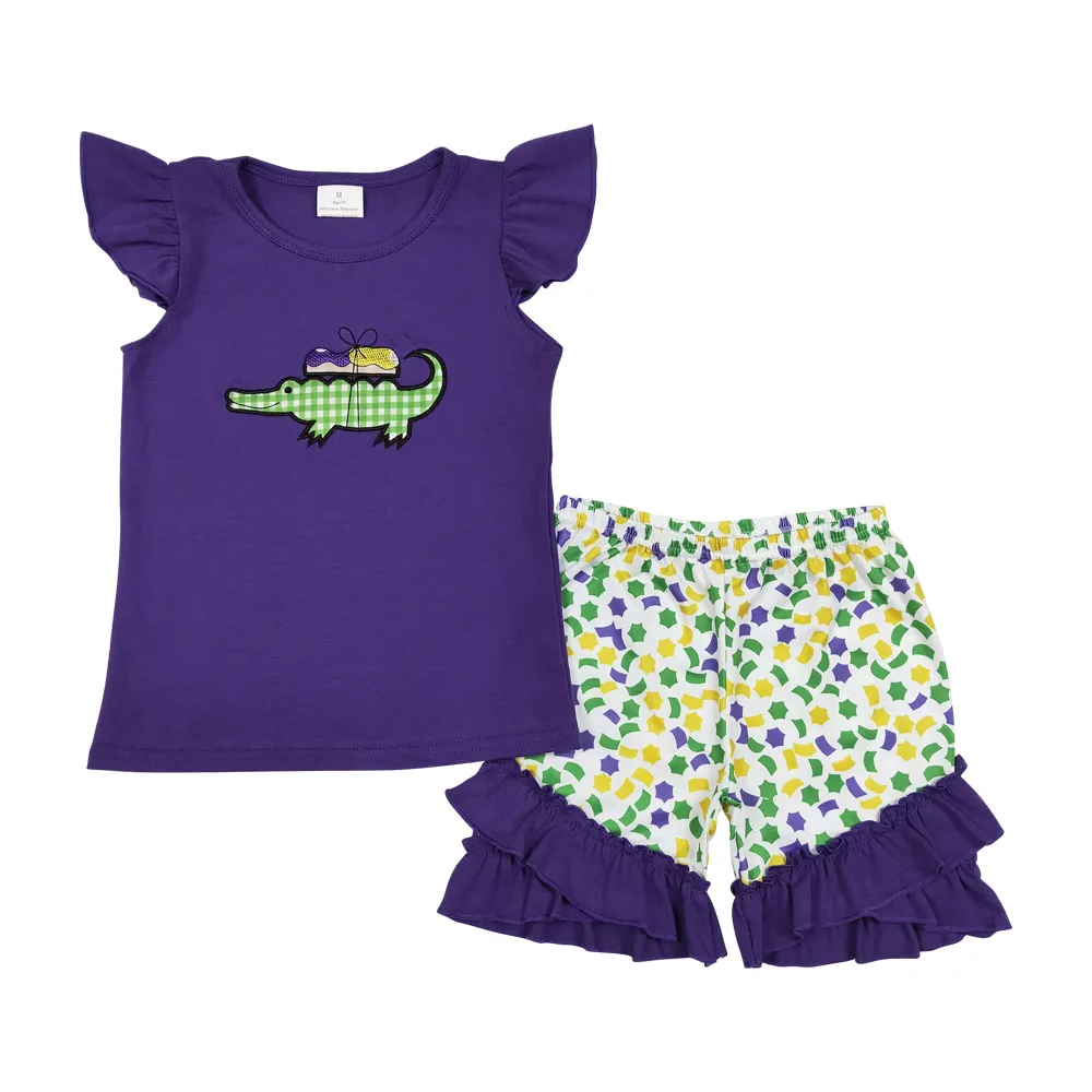 Krokodillenborduurwerk Paarse Top Ruches Shorts Meisjes Mardi Gras Kleding Set Groothandel Kinderen Rts Festival Kleding