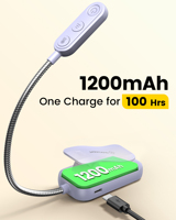Lampe de lecture portable Glocusent à clipser, 20 LED, 5 couleurs et 5 niveaux de luminosité (3-100LM), rechargeable USB-C, 1200mAh, intensité réglable