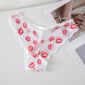 Tangas de encaje transparente para mujer al por mayor, con estampado de labios rojos, borde festoneado, ropa interior sexy tipo T-back, lencería íntima para damas, OEM ODM - Product Image 6