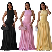Robe Longue Décontractée pour Femme 2026, Élégante pour le Quotidien et les Soirées, Mode Estivale, Col Rond, Débardeur Froncé, Sans Manches, Taille Haute, Couleur Unie