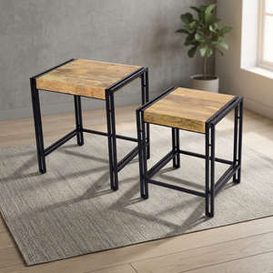 Juego de 2 Mesas Auxiliares Multifuncionales de Diseño Industrial Plegables de Madera de Mango de Alta Calidad, Forma Cuadrada, Muebles para Sala de Estar - Product Image 3