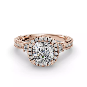 14K Rose Gold <b>cushion</b> Cut Lab Grown Diamond Engagement <b>Ring</b> Intricate Filigree Detailing Side Stone Elegant Halo IGI Jewelry - Product Image 1