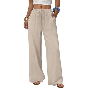 Pantalones Rectos Casuales de Verano con Estampado Oxford de BSCI Sampeel para Mujer, Pantalones Palazzo Fluidos con Cordón en la Cintura Media y Bolsillos, ODM - Product Image 1