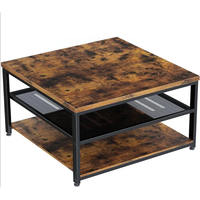 Table basse carrée industrielle moderne en bois avec 2 étagères de rangement, plateau en bois grainé et structure en bois noir