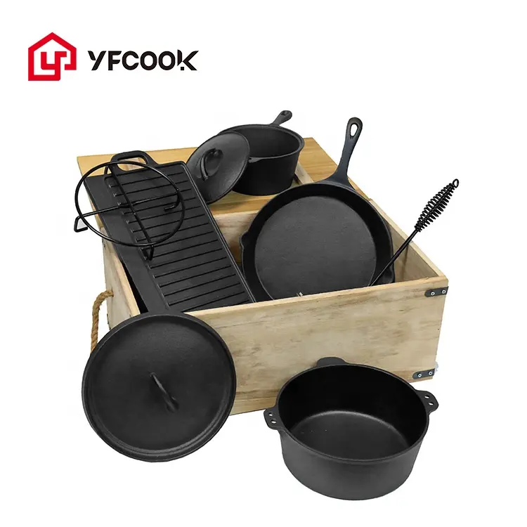 Pre-Seasoned Outdoor Cookware Pots and Pans 7 Piece Heavy Duty Cast Iron Dutch Oven Camping Cookware Set