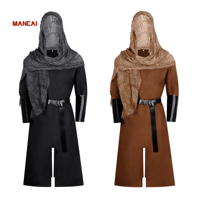 Medieval Hooded Scarf Tunic Cosplay Costume Set Men's Halloween Fancy Dress up Renaissance Knight Warrior Cosplay Costume