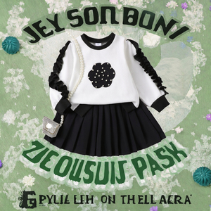 Set Elsali per Bambine: <span class=keywords><strong>Felpa</strong></span> <span class=keywords><strong>Bianca</strong></span> a Maniche Lunghe e Gonna Nera, 4-7 Anni, Primavera/Autunno, Traspirante in Poliestere/Cotone - Product Image 3