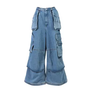 سراويل جينز فضفاضة للرجال ذات جيوب متعددة عالية الجودة للبيع بالجملة من المصنع سراويل جينز فضفاضة مستقيمة من قماش الدنيم بأحجام متنوعة
