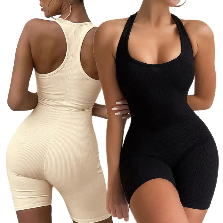 2022 Custom Logo Woman Sexy Solid Halter Backless Short Sport Active Wear Gym Workout Romper One Piece Yoga Jumpsuit For Women