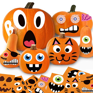 Lot de 12 feuilles d'autocollants décoratifs pour <span class=keywords><strong>Halloween</strong></span>, pour enfants, en papier synthétique écologique, motifs citrouille et visages de dessins animés, 5x7 - Product Image 1