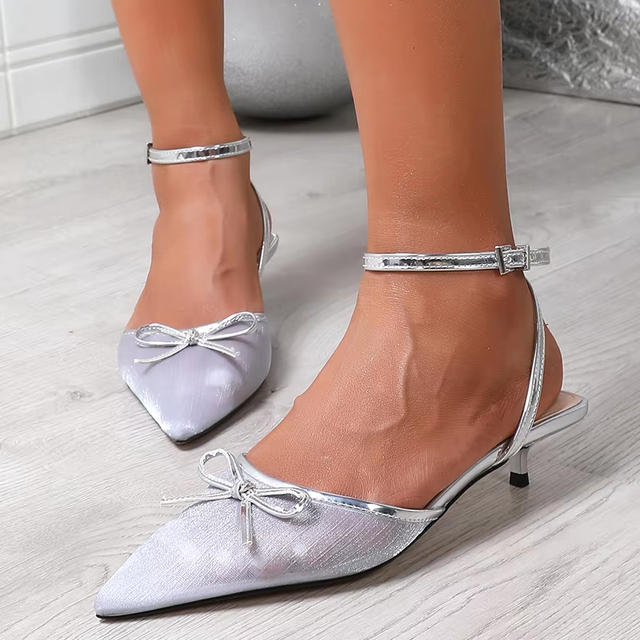 Silver Metallic Slingback Pumps Women Mini Bow Pointed Toe Ankle Strap Kitten Heels Elegant Spring Wedding Party Thin Heel Dress