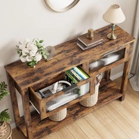 Table console vintage en MDF brun facile à assembler avec 2 tiroirs à façade en verre, étagère inférieure, table d'entrée, table de salon, table de couloir